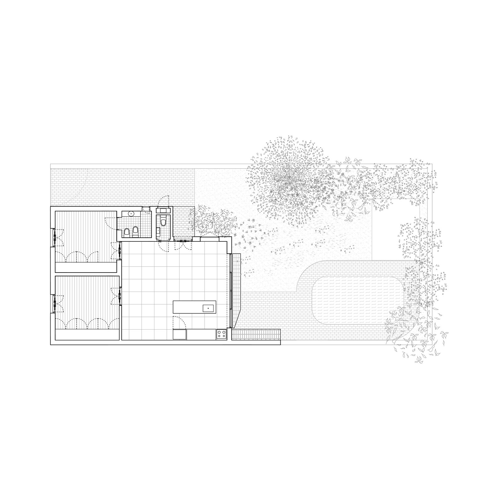 Plano arquitectónico de casa moderna con jardín y piscina — proyecto Reforma Navarro, por Estudio YME, en B1648 Tigre
